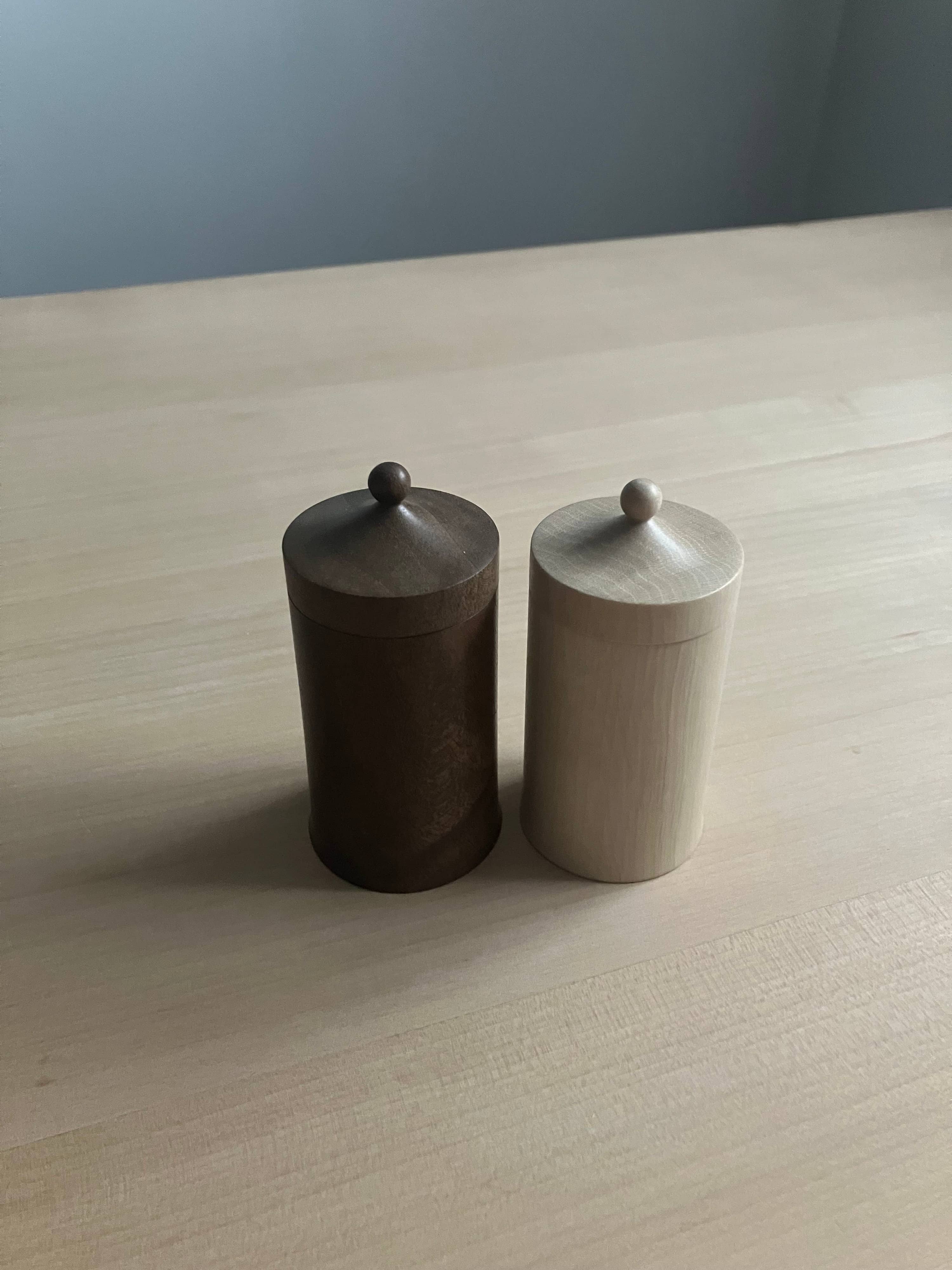 Yhres, 'Pair of Walnut & Hornbeam Spice Jars VI'