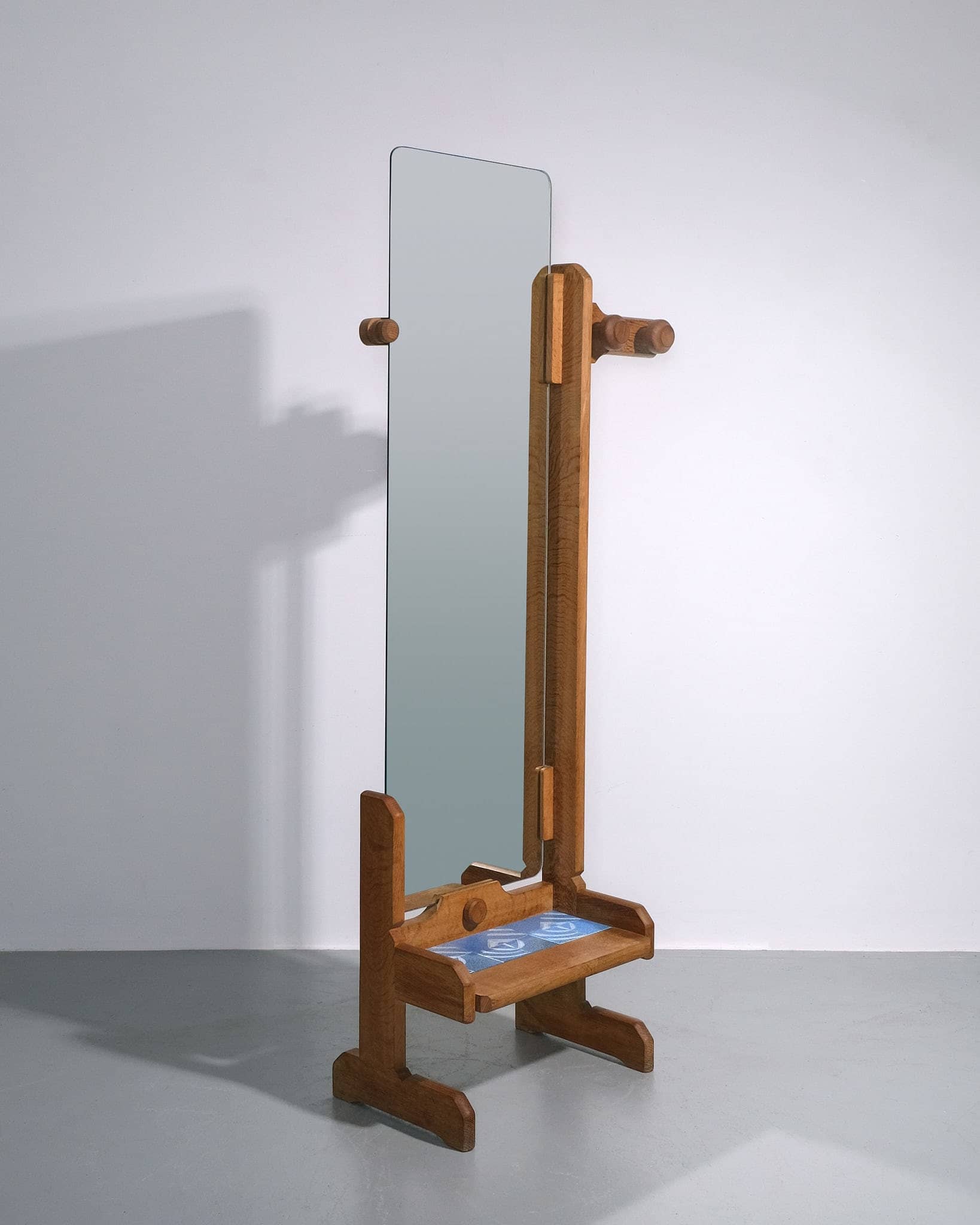 'Psyche' Floor Standing Mirror with Ceramic Tiled Shelf and Coat Hook